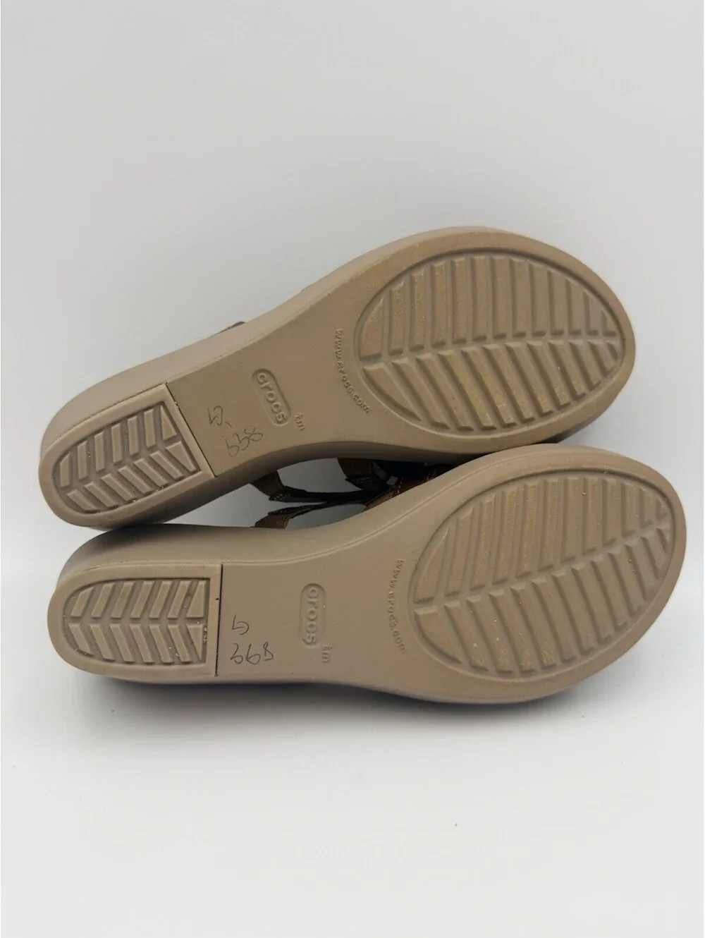Crocs Women’s Brown/Taupe Strappy Wedge Slide Sandals Cushioned Comfort 6